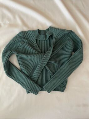 Twist-Front Ribbed Crewneck Sweater - Teal Green